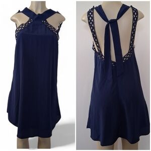 Lulu's | Navy Blue Lace Tie Back Shift Dress Medium Short Exposed Back